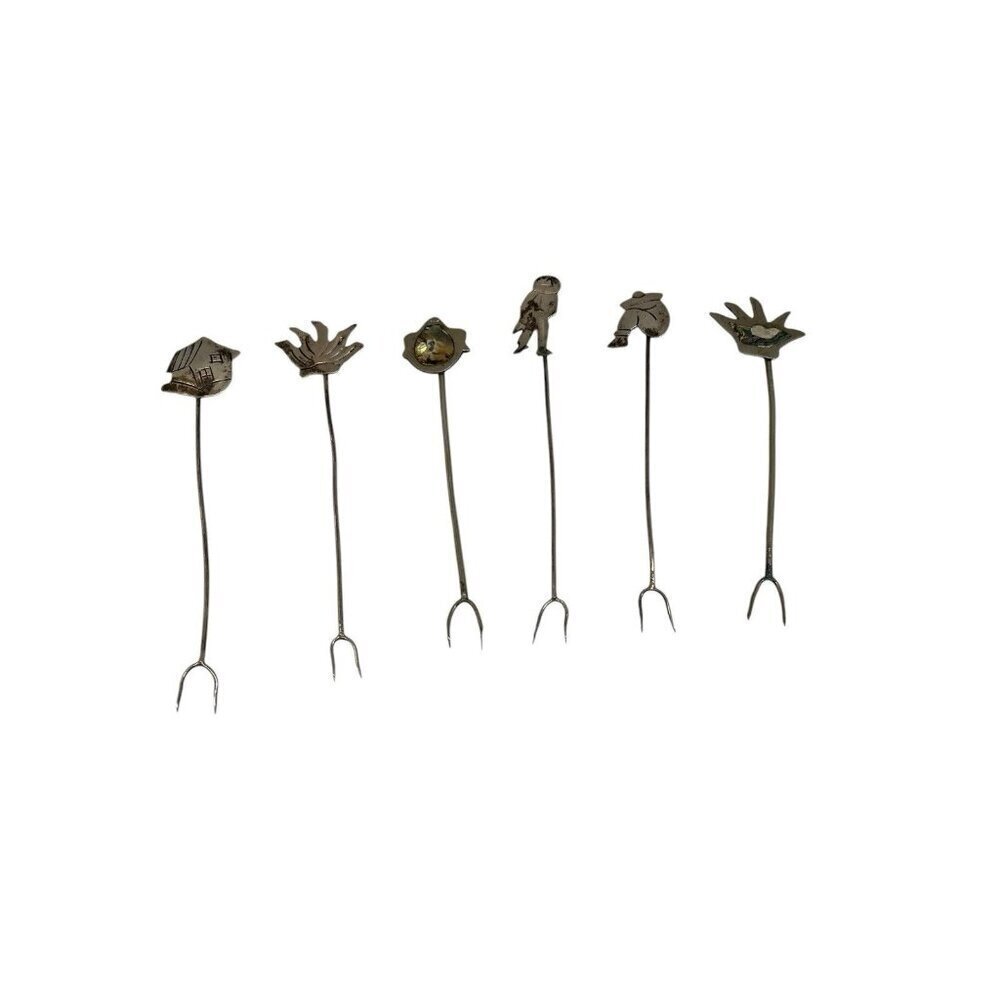 Set of 6 Vintage Sterling Silver Cocktail Martini Pick Forks Set Assorted 3.5"